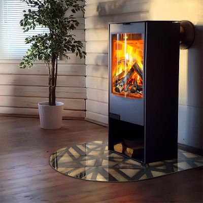 Vitre sous poêle à bois semi-ovale Géométrie avec du bois