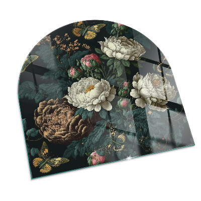Plaque verre pour poêle semi-ovale Motif floral avec des papillons