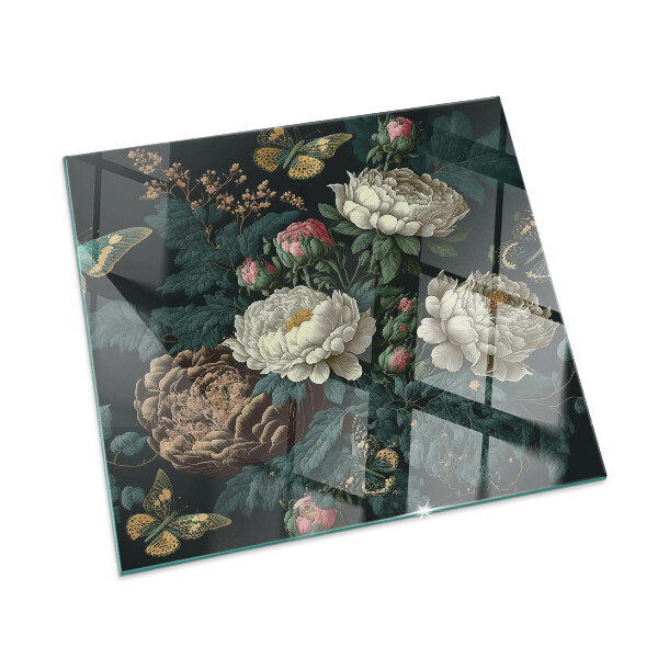 Plaque de sol en verre pour poêle rectangulaire Motif floral avec des papillons
