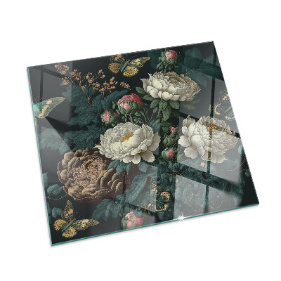 Plaque de sol en verre pour poêle rectangulaire Motif floral avec des papillons