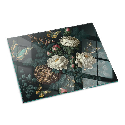 Plaque de sol en verre pour poêle rectangulaire Motif floral avec des papillons