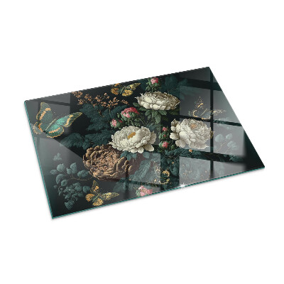 Plaque de sol en verre pour poêle rectangulaire Motif floral avec des papillons
