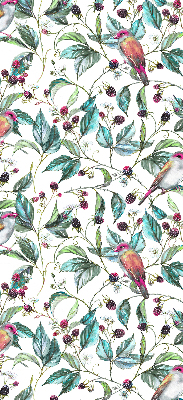 Store intérieur fenêtre avec feuilles bleues et oiseaux colorés