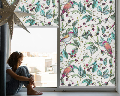 Store intérieur fenêtre avec feuilles bleues et oiseaux colorés