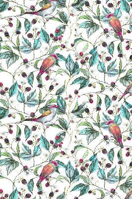 Store intérieur fenêtre avec feuilles bleues et oiseaux colorés