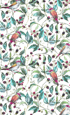 Store intérieur fenêtre avec feuilles bleues et oiseaux colorés