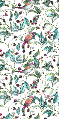 Store intérieur fenêtre avec feuilles bleues et oiseaux colorés