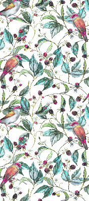 Store intérieur fenêtre avec feuilles bleues et oiseaux colorés