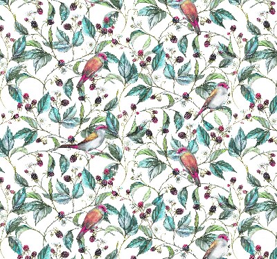 Store intérieur fenêtre avec feuilles bleues et oiseaux colorés