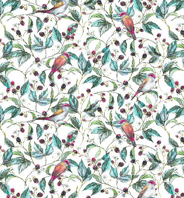 Store intérieur fenêtre avec feuilles bleues et oiseaux colorés
