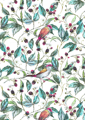 Store intérieur fenêtre avec feuilles bleues et oiseaux colorés