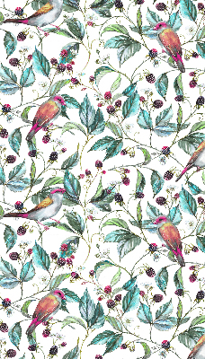 Store intérieur fenêtre avec feuilles bleues et oiseaux colorés