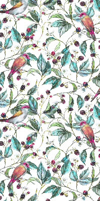 Store intérieur fenêtre avec feuilles bleues et oiseaux colorés