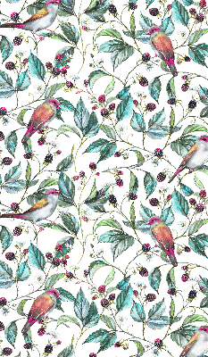 Store intérieur fenêtre avec feuilles bleues et oiseaux colorés