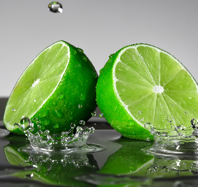 Store intérieur fenêtre avec des citrons verts dans l'eau