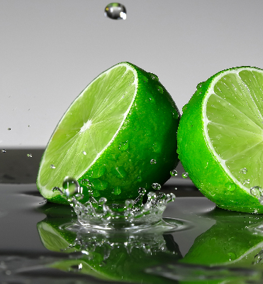 Store intérieur fenêtre avec des citrons verts dans l'eau