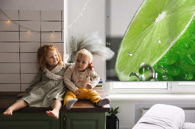 Store intérieur fenêtre avec des citrons verts dans l'eau