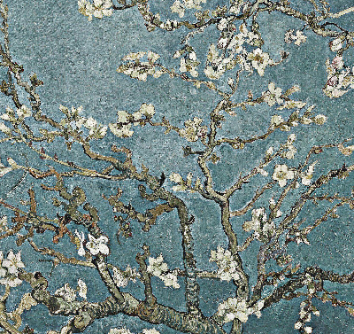 Store intérieur avec motif de brindilles sur fond bleu