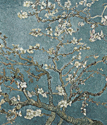 Store intérieur avec motif de brindilles sur fond bleu