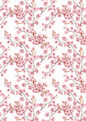 Store enrouleur avec des pétales roses et des bourgeons sur l'arbre