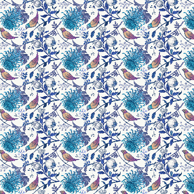 Store intérieur avec fleurs bleues de l'arbre