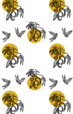 Store intérieur avec fruits et cercles jaunes