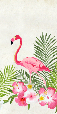Store intérieur fenêtre avec flamants roses près de feuilles