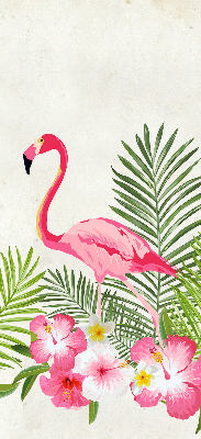 Store intérieur fenêtre avec flamants roses près de feuilles