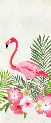 Store intérieur fenêtre avec flamants roses près de feuilles