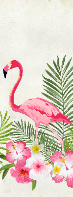 Store intérieur fenêtre avec flamants roses près de feuilles