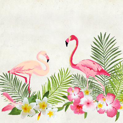 Store intérieur fenêtre avec flamants roses près de feuilles