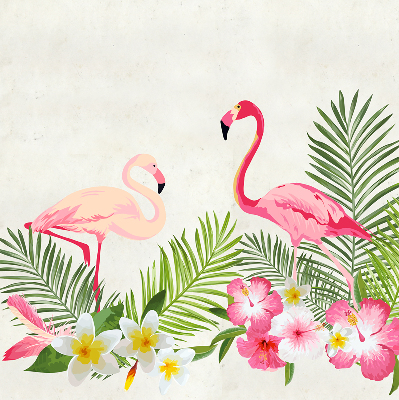 Store intérieur fenêtre avec flamants roses près de feuilles