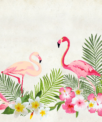 Store intérieur fenêtre avec flamants roses près de feuilles
