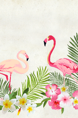 Store intérieur fenêtre avec flamants roses près de feuilles