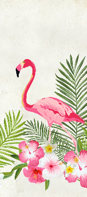 Store intérieur fenêtre avec flamants roses près de feuilles
