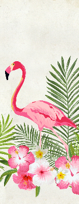 Store intérieur fenêtre avec flamants roses près de feuilles