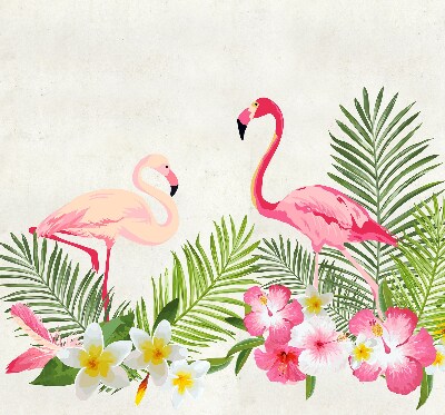 Store intérieur fenêtre avec flamants roses près de feuilles