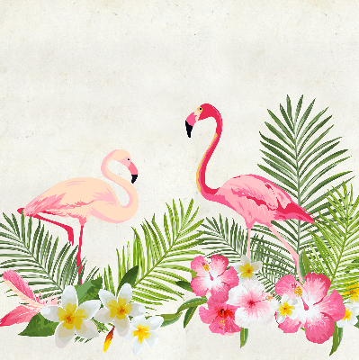 Store intérieur fenêtre avec flamants roses près de feuilles