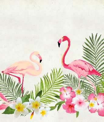 Store intérieur fenêtre avec flamants roses près de feuilles