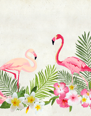 Store intérieur fenêtre avec flamants roses près de feuilles