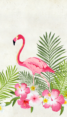 Store intérieur fenêtre avec flamants roses près de feuilles