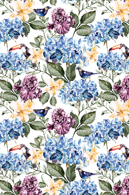 Store intérieur avec toucans et fleurs