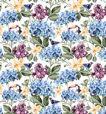 Store intérieur avec toucans et fleurs