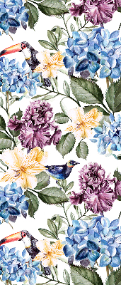 Store intérieur avec toucans et fleurs