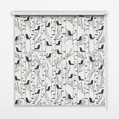 Store intérieur fenêtre avec motif d'oiseaux et d'arbres dessinés