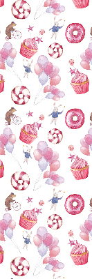 Store intérieur avec ballons roses, beignets et lapins