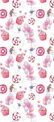 Store intérieur avec ballons roses, beignets et lapins