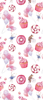 Store intérieur avec ballons roses, beignets et lapins