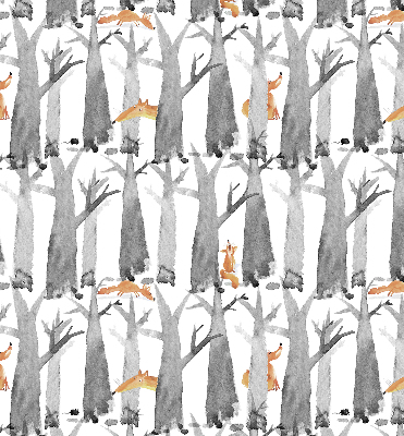 Store intérieur fenêtre aux motifs d’arbres gris et de renards roux
