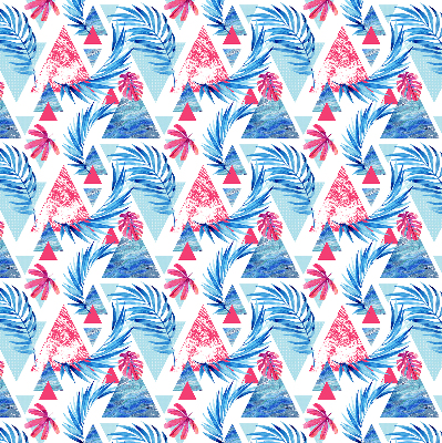 Store intérieur fenêtre avec feuilles bleues et motifs de triangles